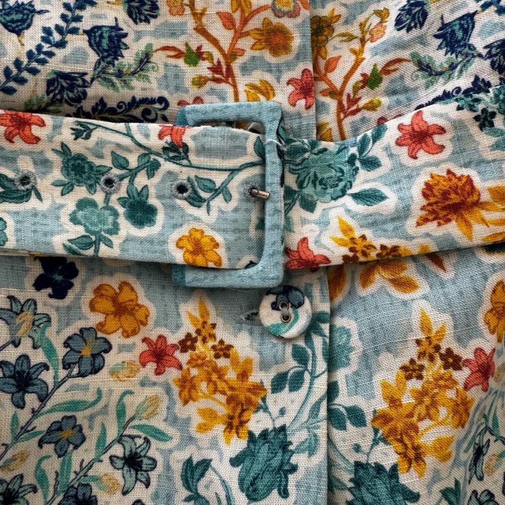 Ranna Gill Floral Belted Sleeveless Romper in Aqua Blue, Yellow & Green - Picture 10 of 14